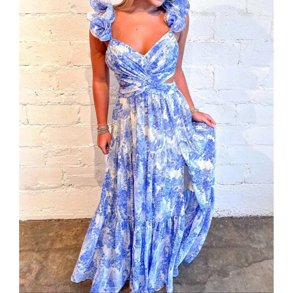 Astr Blue White Fritillaria Floral Cutout Maxi Dress - Picture 2 of 7